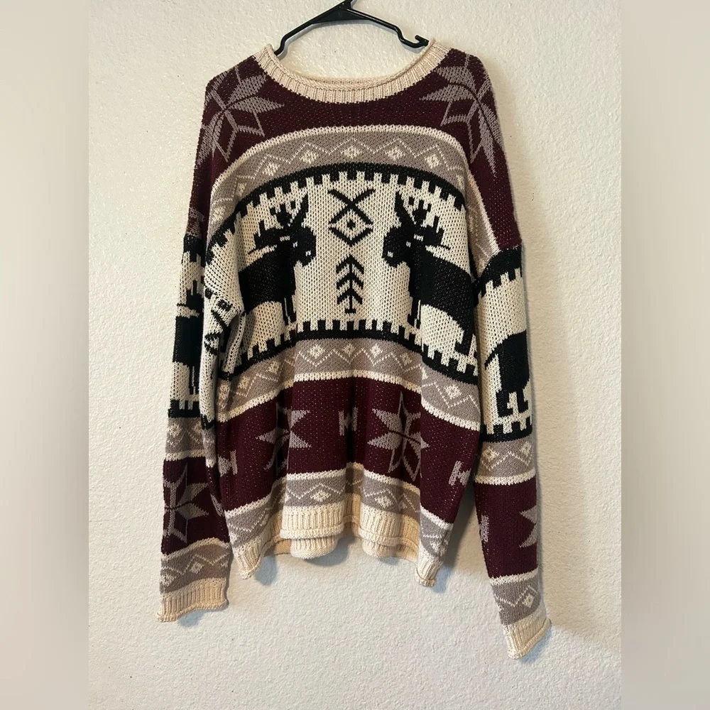 Idea Series Maroon and Beige Moose Sweater Small Silk Acrylic Blend Oversized - Picture 1 of 11